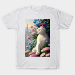 Anime White Cat Surrounded by Pink and Blue Flowers. Tokyo Background. T-Shirt